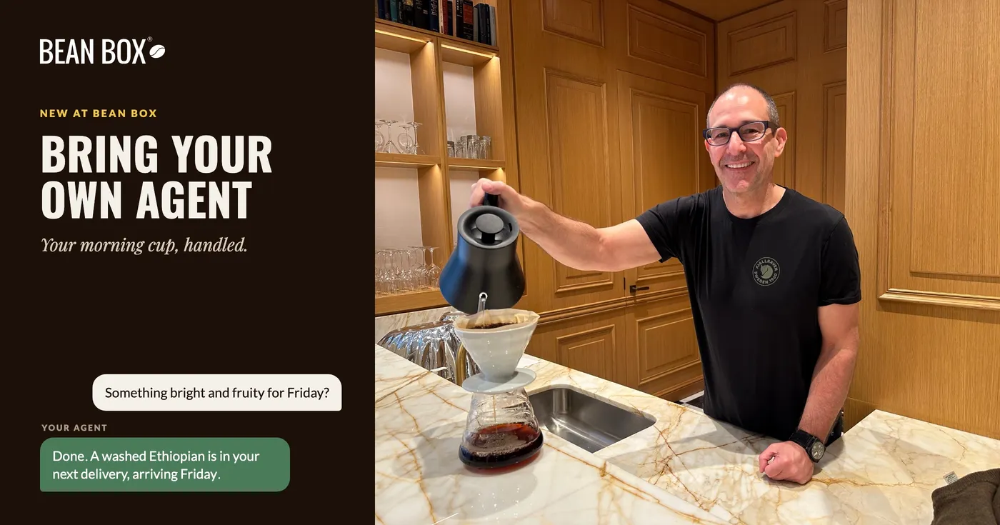 Matthew Berk pouring a pour-over coffee, beside the headline Bring Your Own Agent and a sample chat with an AI agent