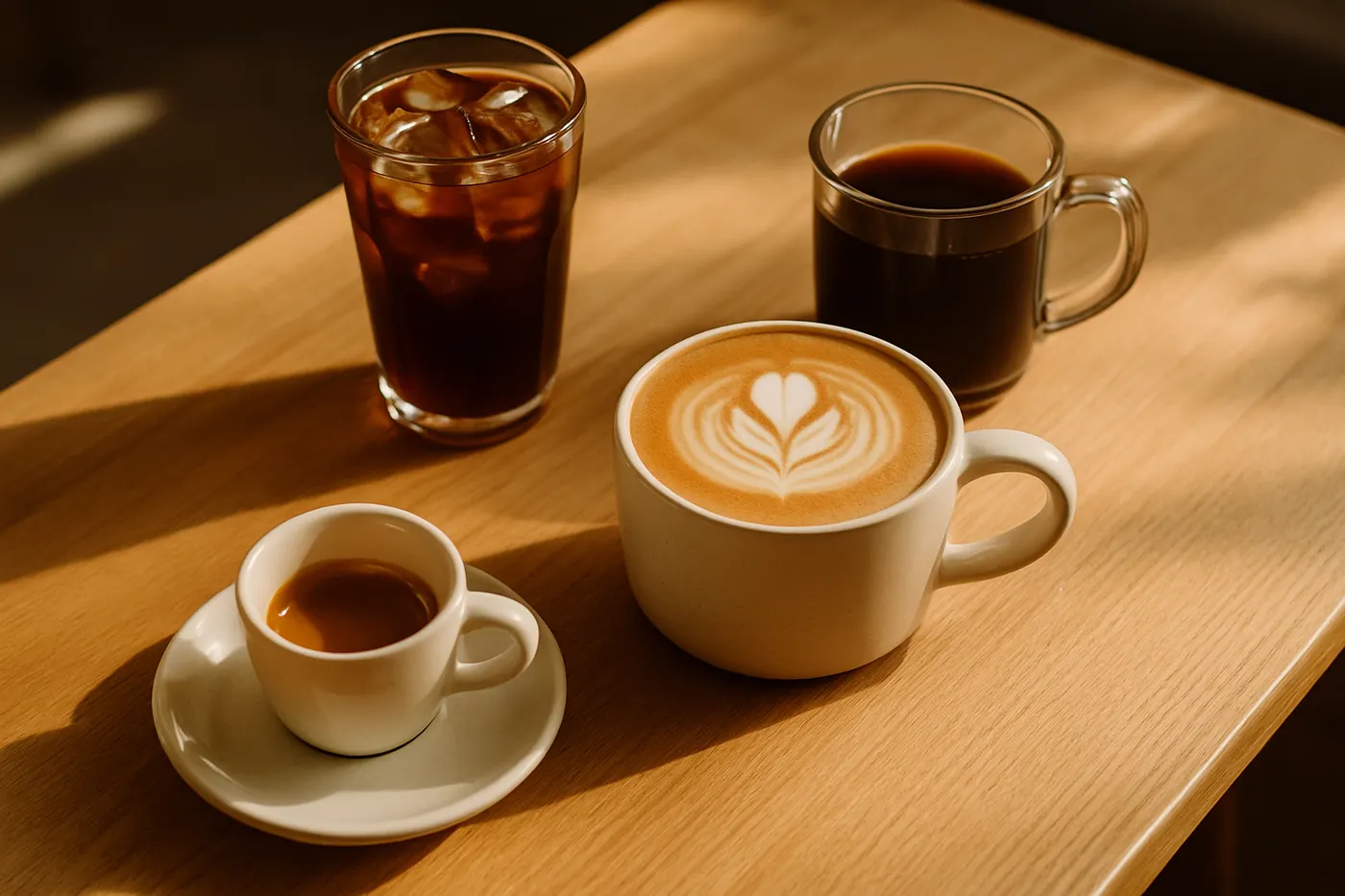 A spread of coffee drinks — espresso, iced cold brew, a latte, and black coffee — on a wood table