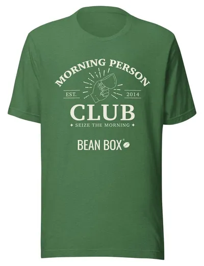 Morning Person Club tee in heather green with the Bean Box crest print