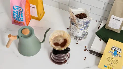 Bean Box coffee bags with a fresh pour-over