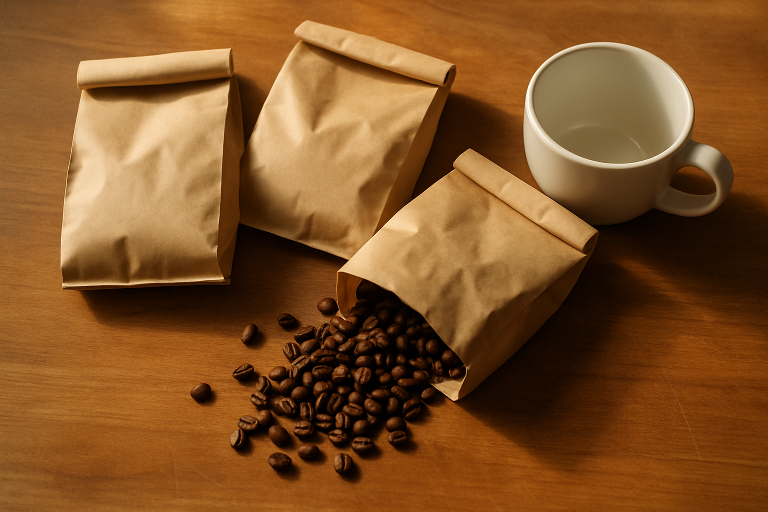 Three unbranded brown paper coffee bags on a wood counter with fresh roasted beans spilling out