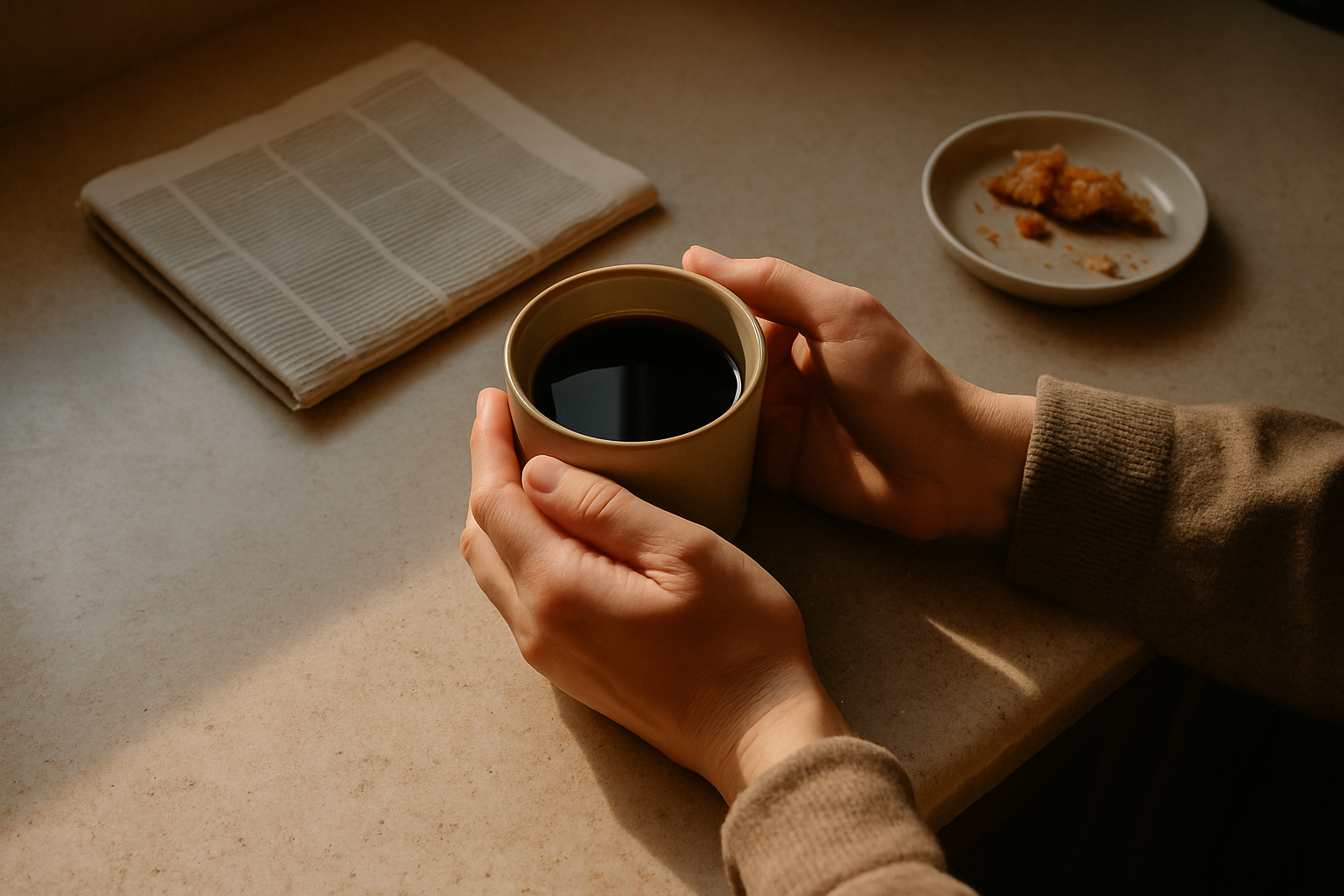 a candid overhead shot of a person's hands cradling a ceramic mug of black coffee on a kitchen counter