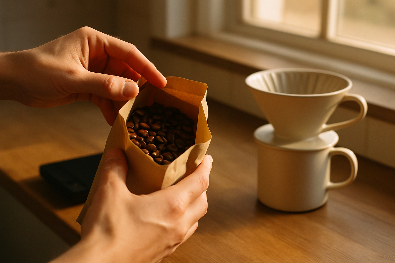 a hands-only close-up of a person opening a brown paper coffee bag at the kitchen counter