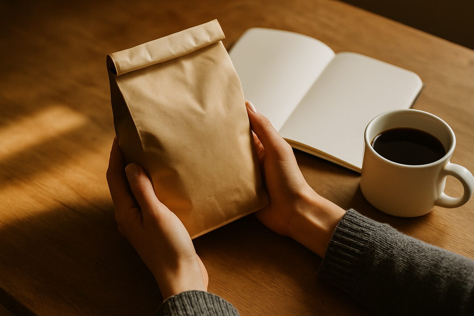 A thoughtful candid overhead photo of a woman's hands cupping a generic kraft-paper coffee bag (rolled at the 