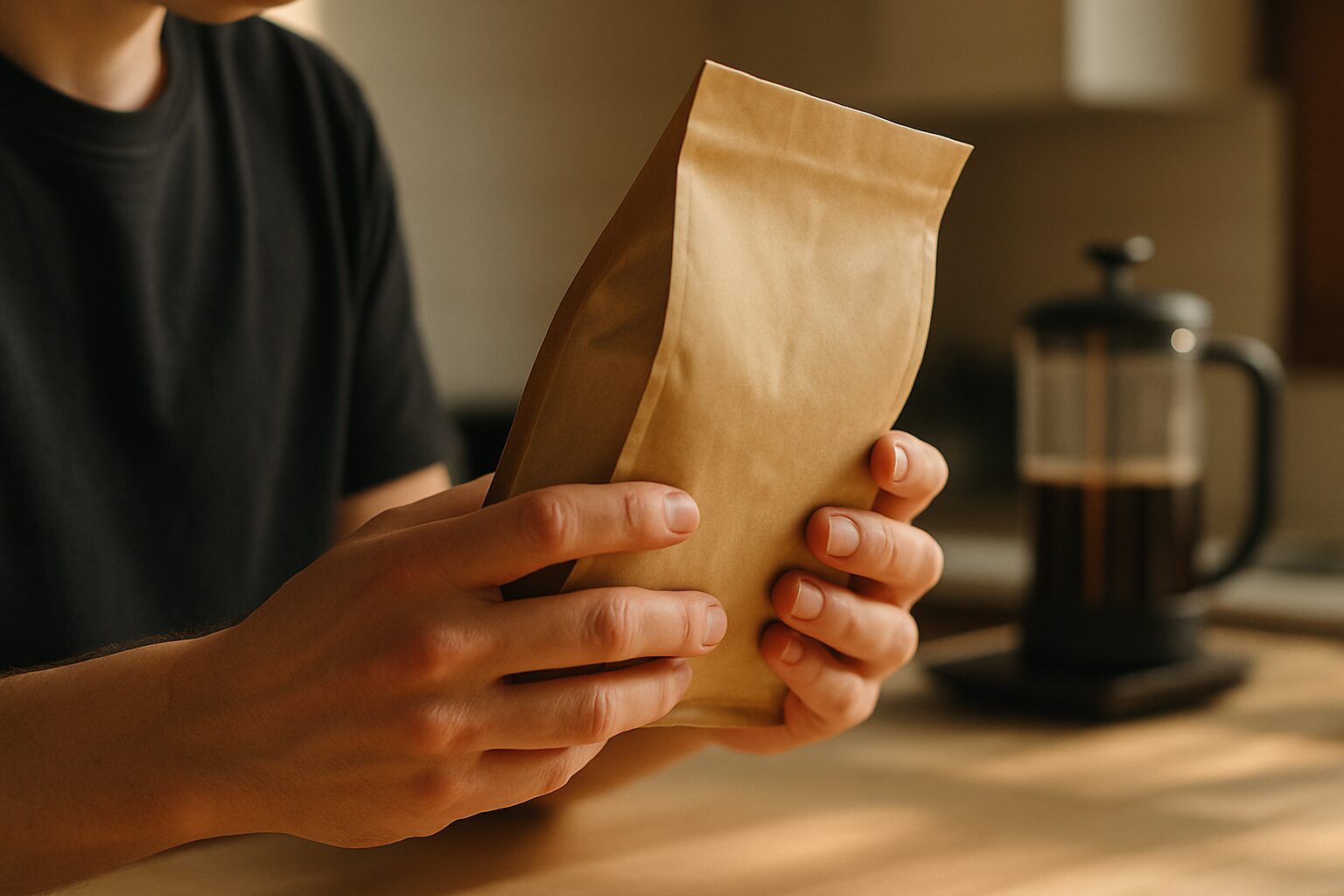 A candid close-up of a person reading a generic kraft-paper coffee bag held in two hands