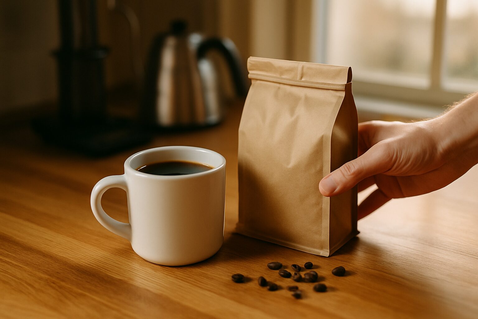 A single hand placing a freshly opened unbranded kraft-paper coffee bag (rolled at the top