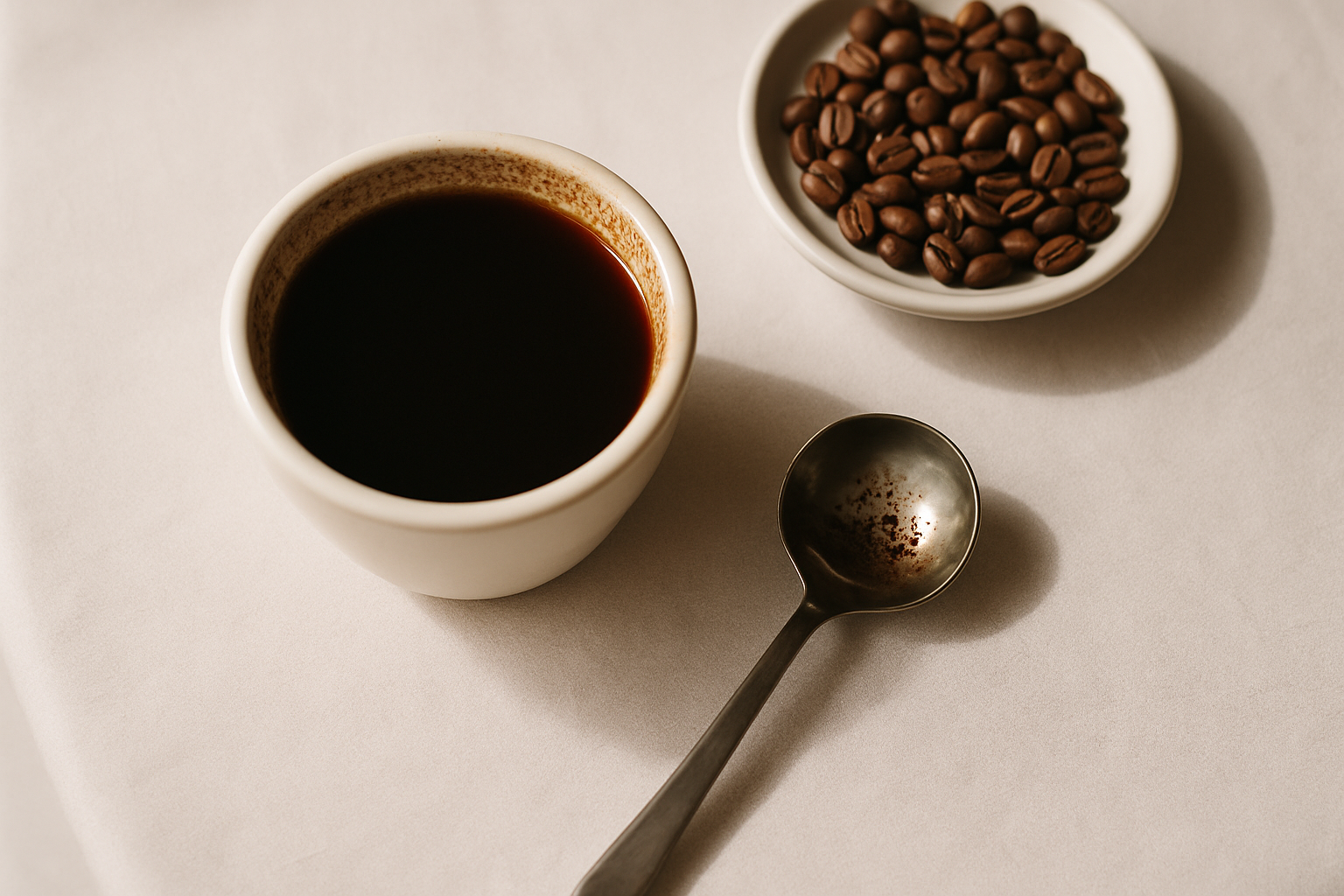 A small white ceramic cupping bowl with dark coffee beside a stainless cupping spoon and a saucer of whole coffee beans