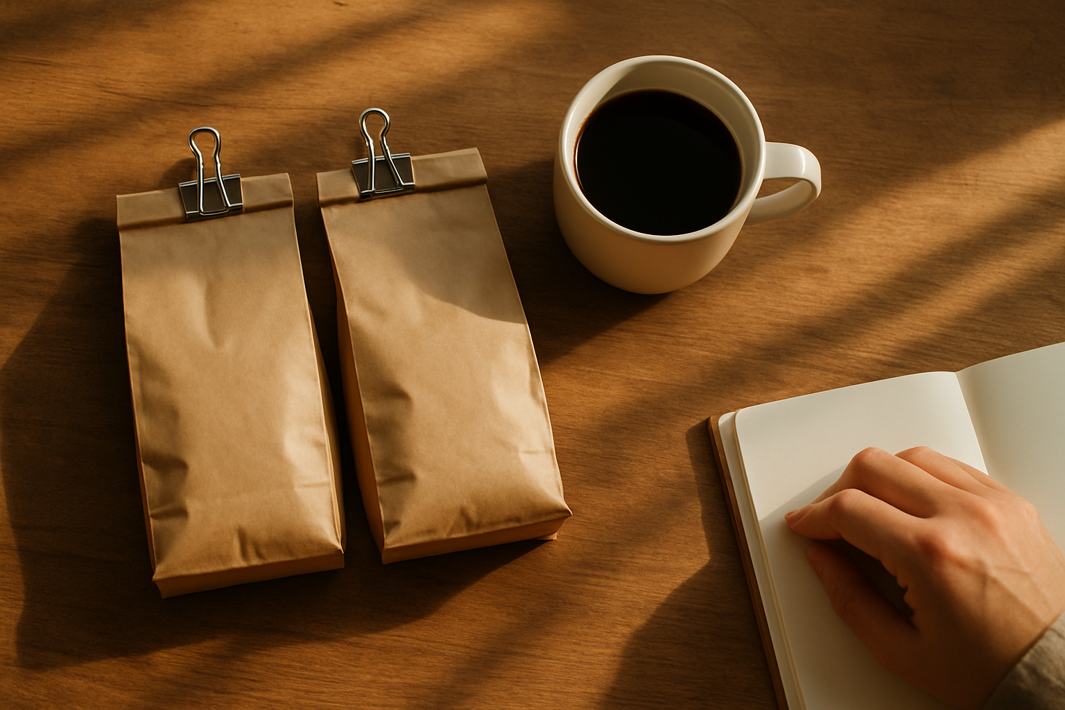 Two unbranded kraft paper coffee bags rolled at the top side by side on a wooden table with a white ceramic mug of black coffee between them