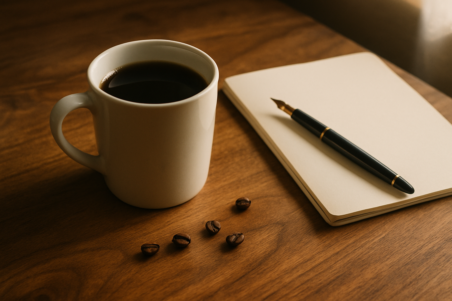 A single white ceramic mug of freshly poured black coffee on a wooden table beside an open notebook with a fountain pen