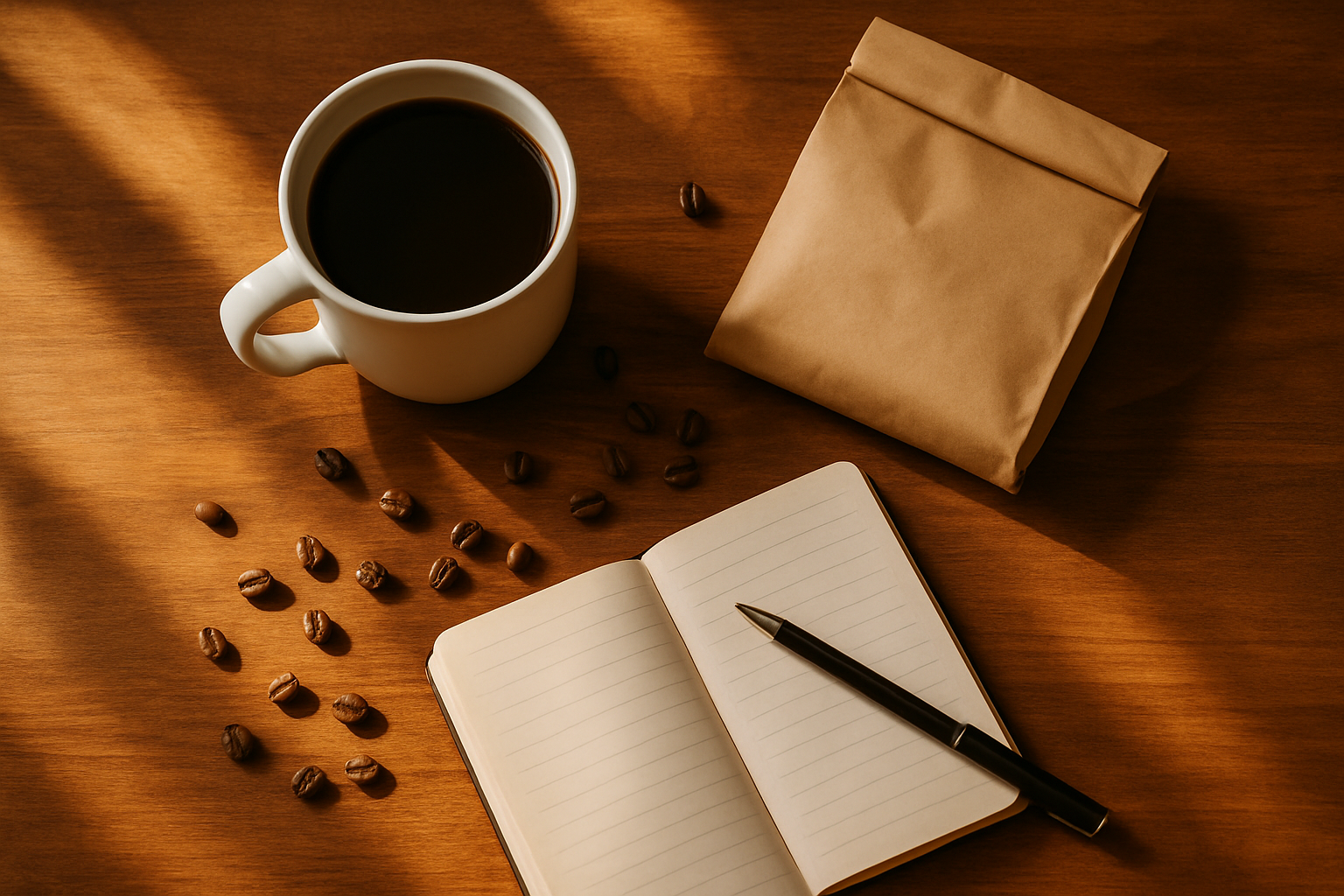 Editorial overhead photograph of a wooden countertop with a single white ceramic mug of black coffee, a kraft-paper bag, an open notebook, and scattered coffee beans in morning light