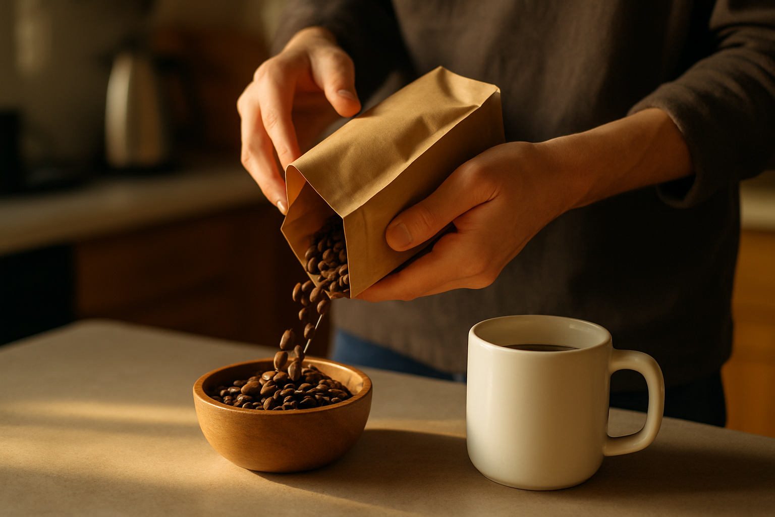Candid editorial photograph of a person's hands pouring whole coffee beans from a generic kraft-paper bag into a small wooden bowl with a white ceramic mug of black coffee just behind in morning light