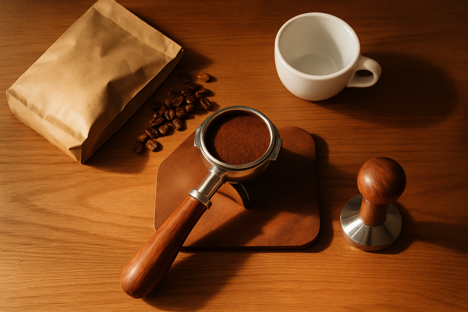 Overhead photograph of a home espresso setup on a wooden counter with portafilter, tamper, coffee bag, and ceramic cup
