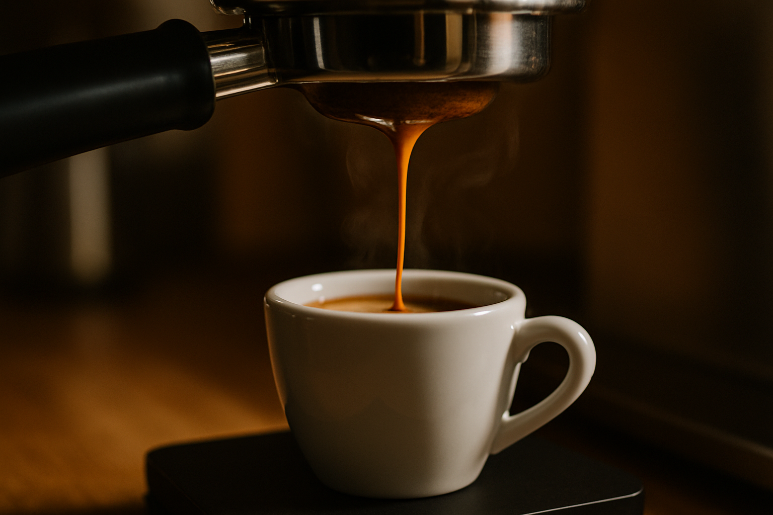 A double espresso pouring as a single syrupy mouse-tail from a naked portafilter into a ceramic cup with crema forming