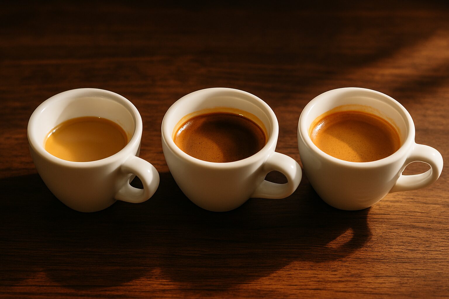 Three espresso shots side by side showing under-extraction, over-extraction, and a balanced pull