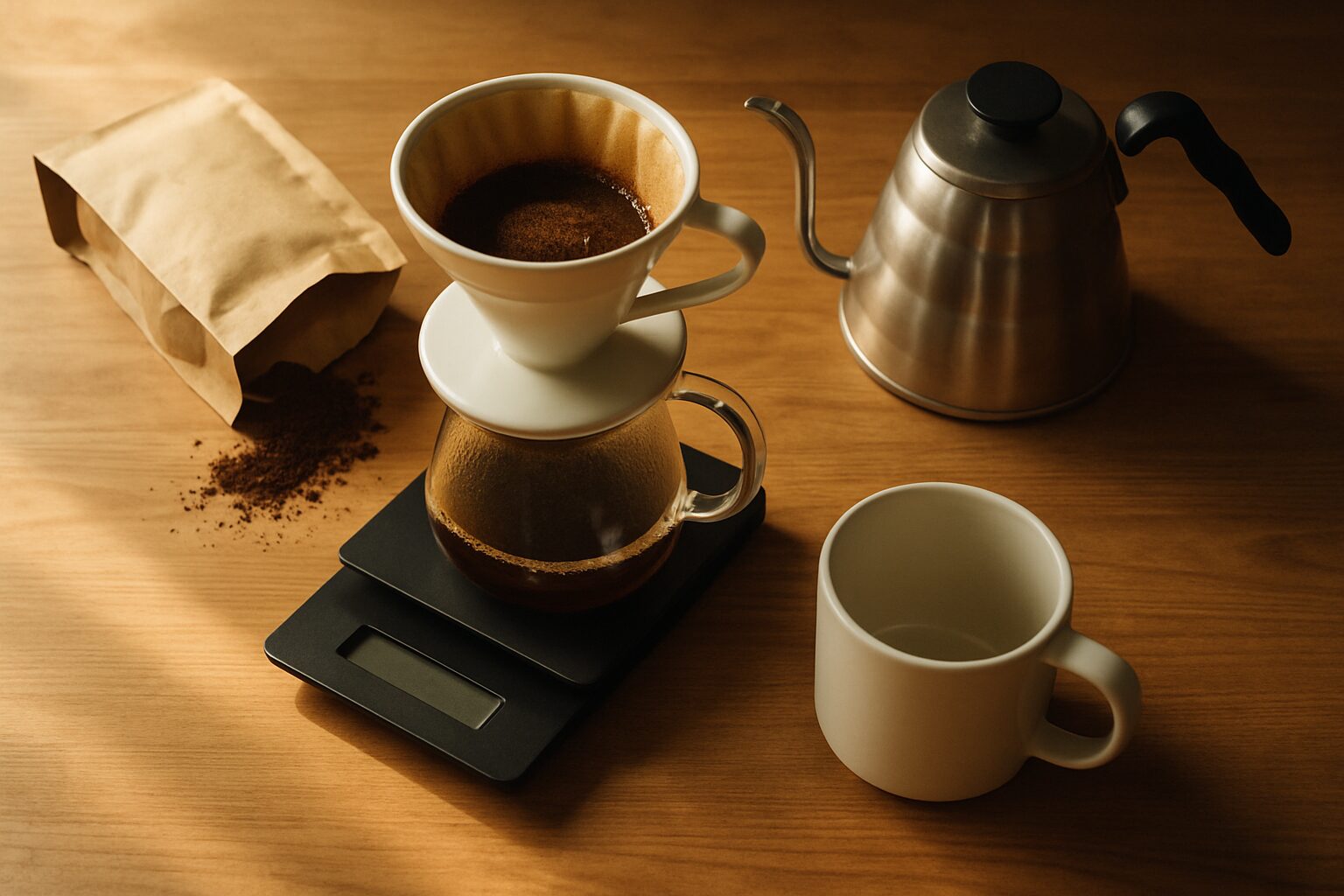 Overhead photograph of a daily pour-over setup on a wooden counter with V60, kettle, scale, mug, and a bag of whole-bean coffee