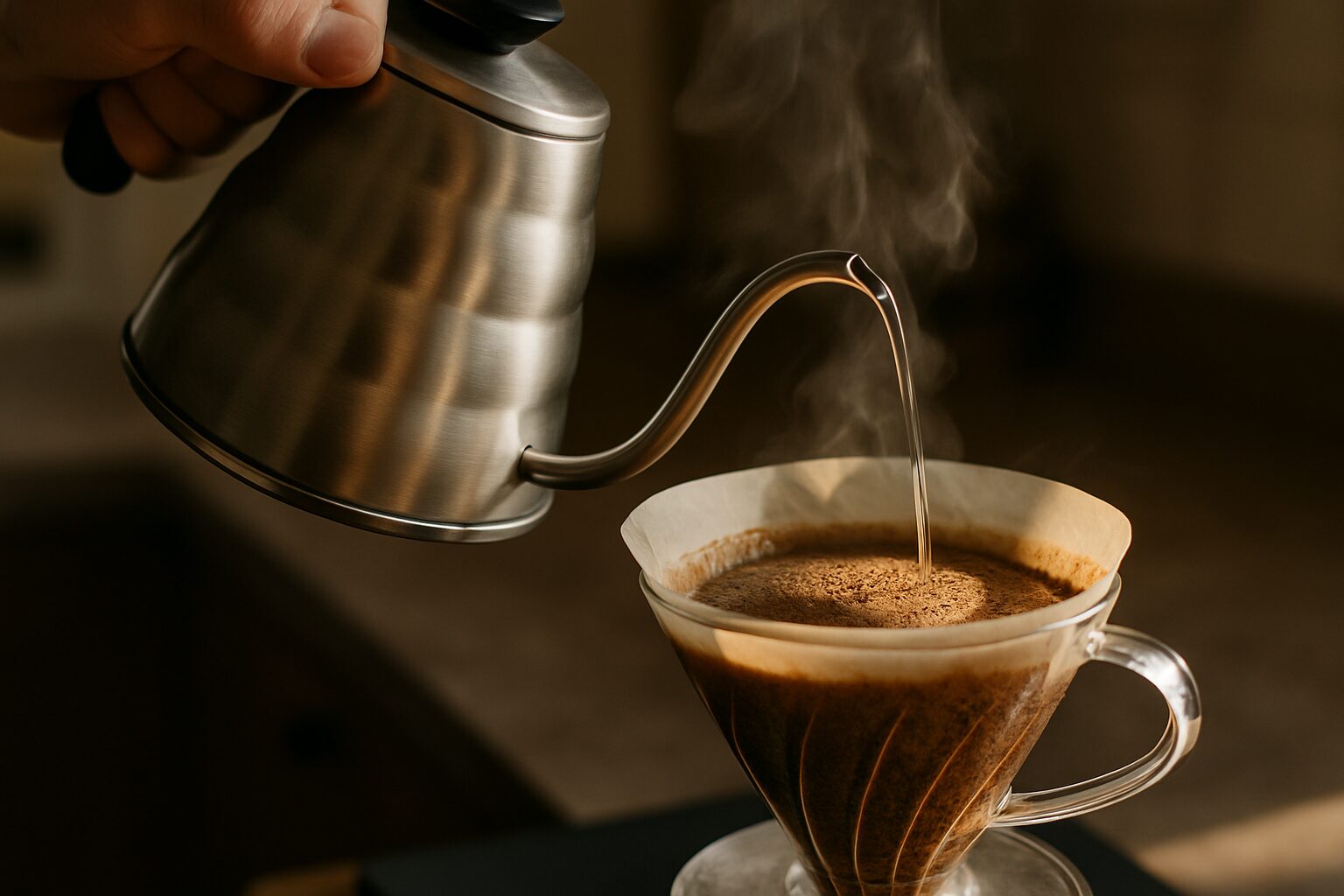 Close-up of a gooseneck kettle pouring a thin stream of water into a V60 with a fresh dark-brown bloom rising in the filter