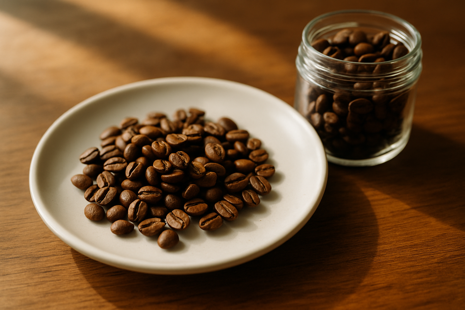 A heap of whole roasted coffee beans on a white ceramic plate beside a glass jar of beans