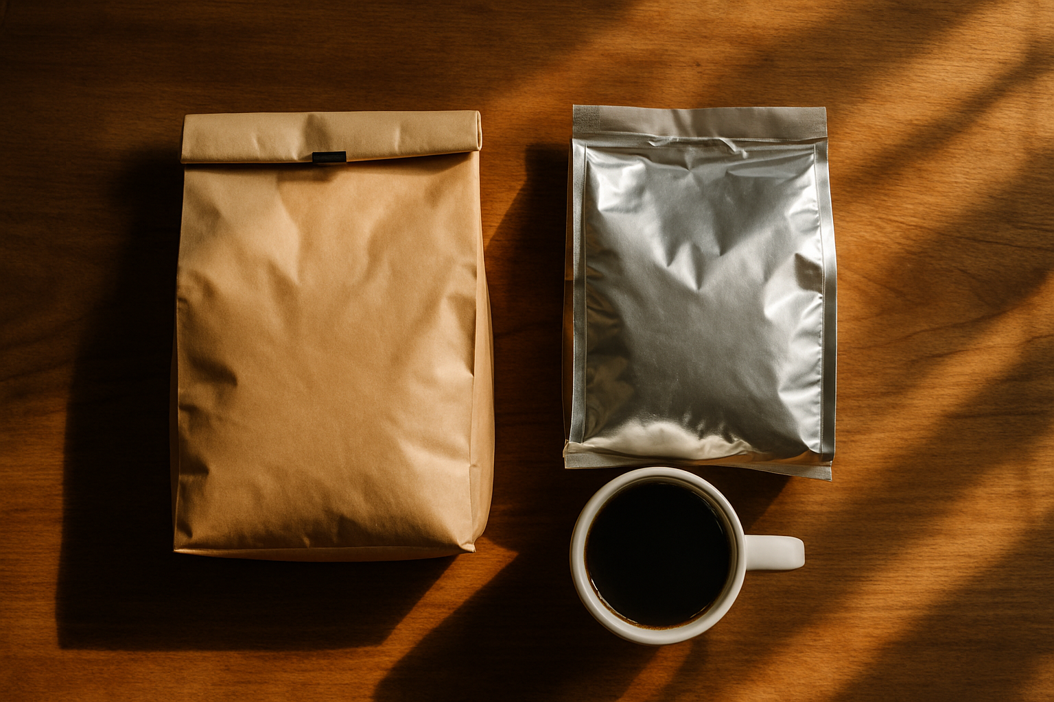 Two unbranded coffee bags lying side by side on a wooden surface — a specialty kraft-paper bag and a glossy generic foil bag — with a ceramic mug of black coffee between them