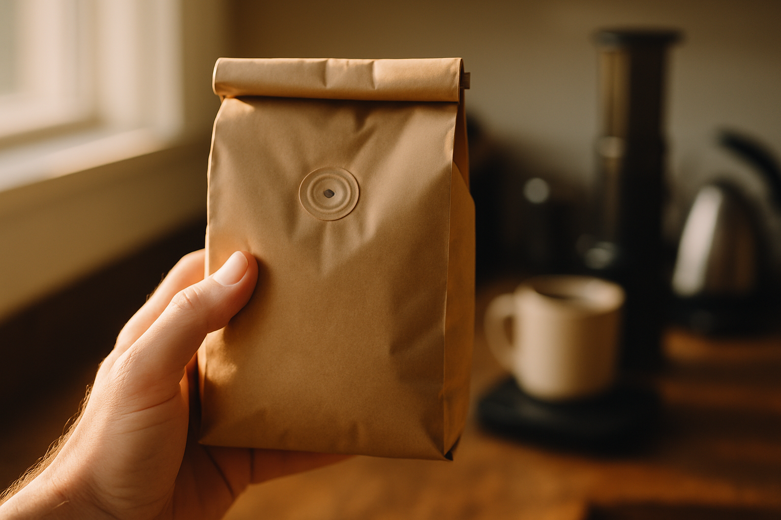 A close-up of a hand holding a rolled kraft-paper coffee bag with the round one-way degassing valve visible on the front face
