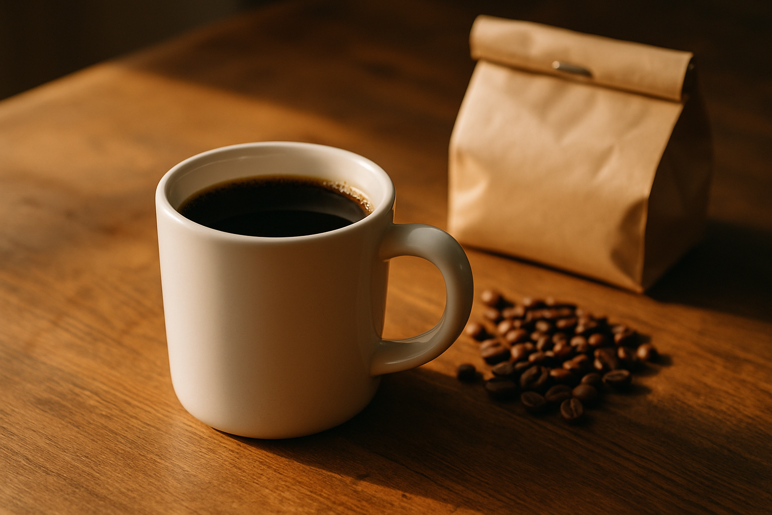 A white ceramic mug of freshly poured black coffee on a wooden table beside a small pile of whole roasted beans and an unbranded kraft-paper coffee bag