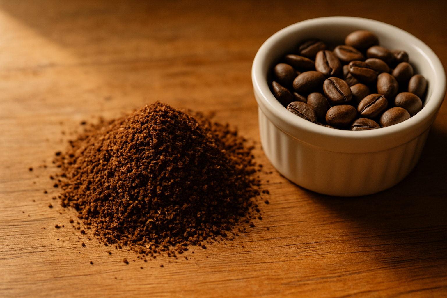 A single white ceramic pour-over dripper on a glass carafe on a warm wood counter with whole beans and medium-ground coffee beside it