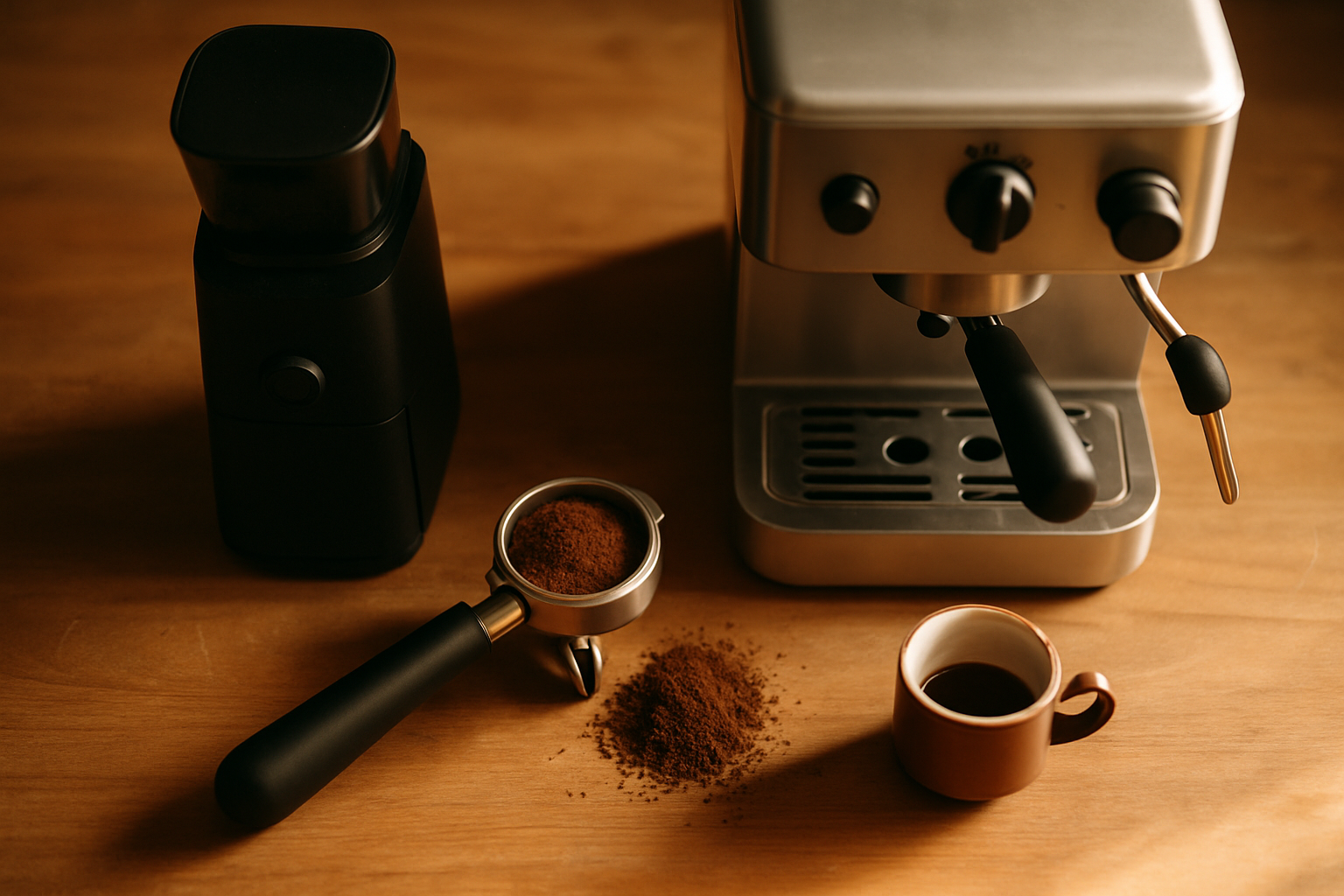 A home espresso countertop with a burr grinder, a modest entry-level espresso machine, a portafilter with freshly-ground coffee, and a ceramic demitasse, in soft morning light