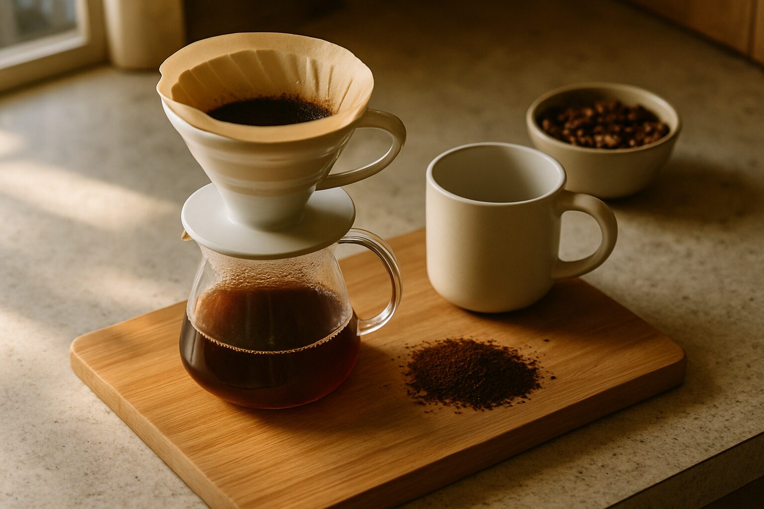 A pour-over carafe and V60 dripper on a wooden cutting board with freshly-ground coffee and a ceramic mug in soft morning light