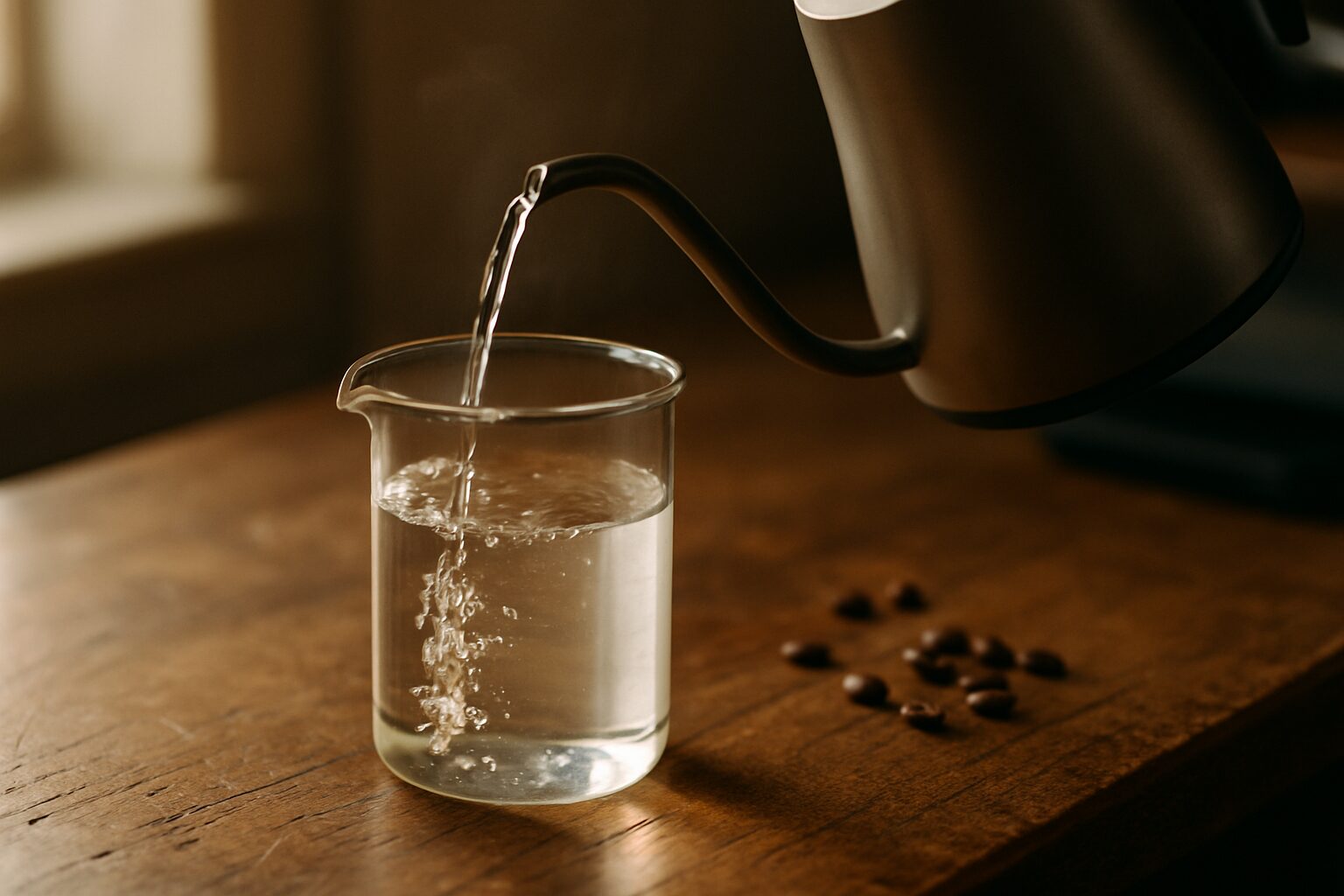 Close-up editorial photograph of clear filtered water pouring from a gooseneck kettle into a glass beaker on a