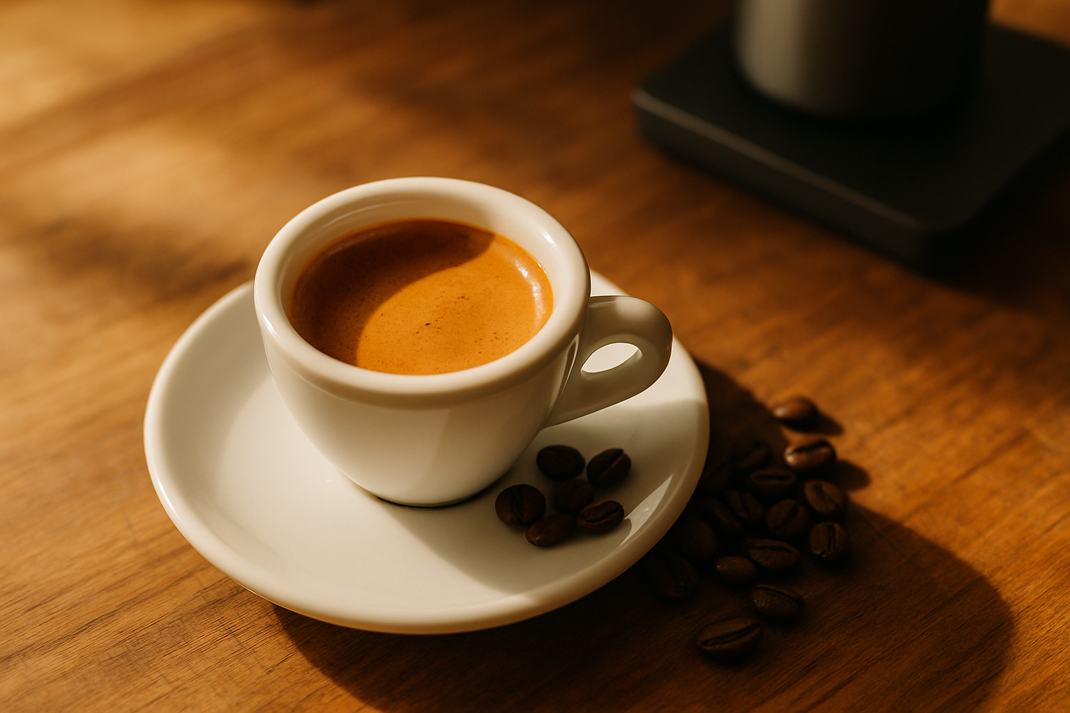 A small espresso cup with thick golden crema beside whole dark coffee beans, warm morning light, no machine in frame