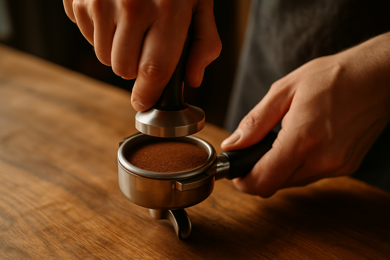 Hands tamping coffee into a portafilter on a wood counter, no machine in frame