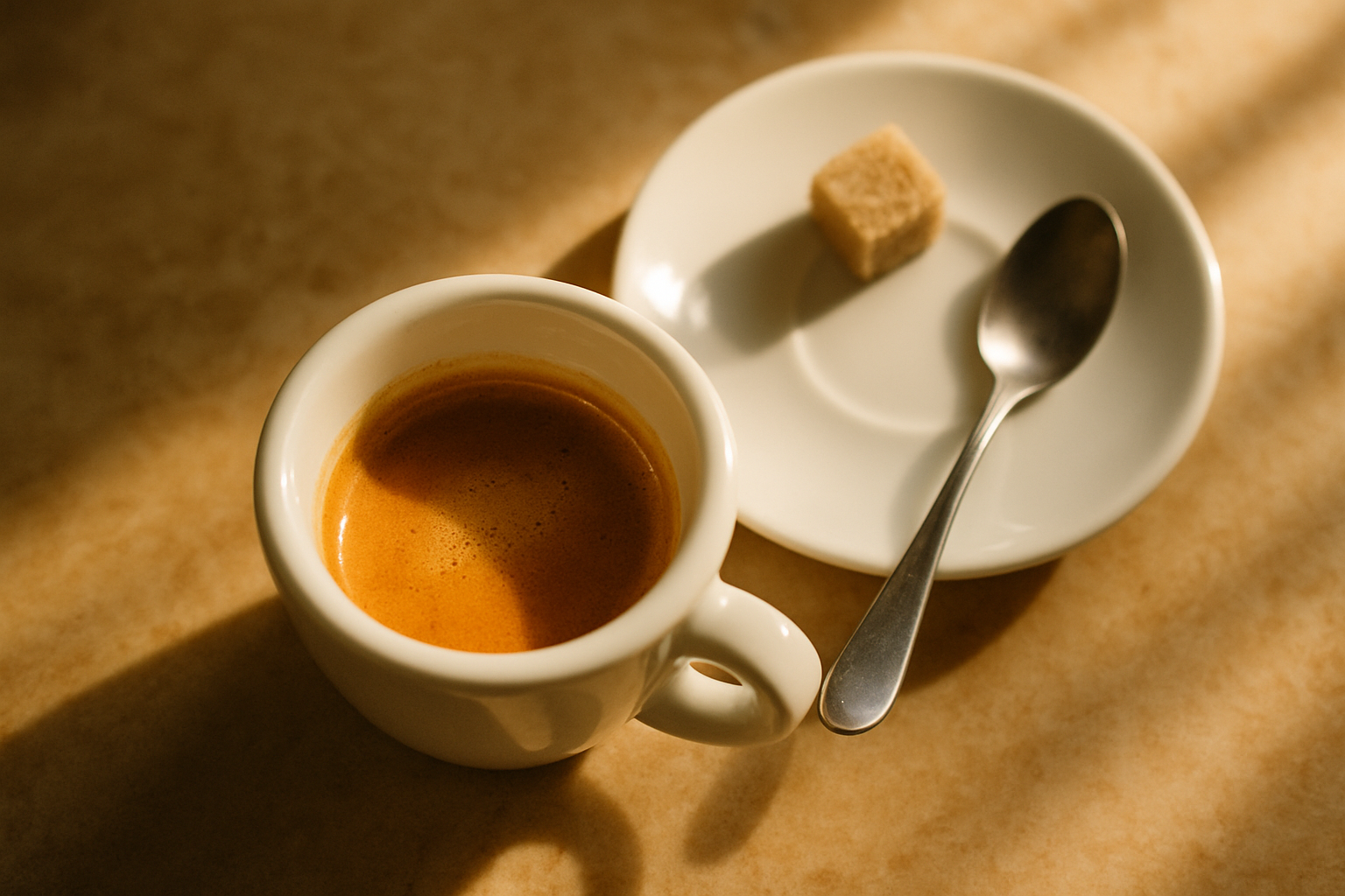 A small white espresso cup half-full of espresso with a thick honey-colored crema next to a sugar cube and silver spoon on warm marble