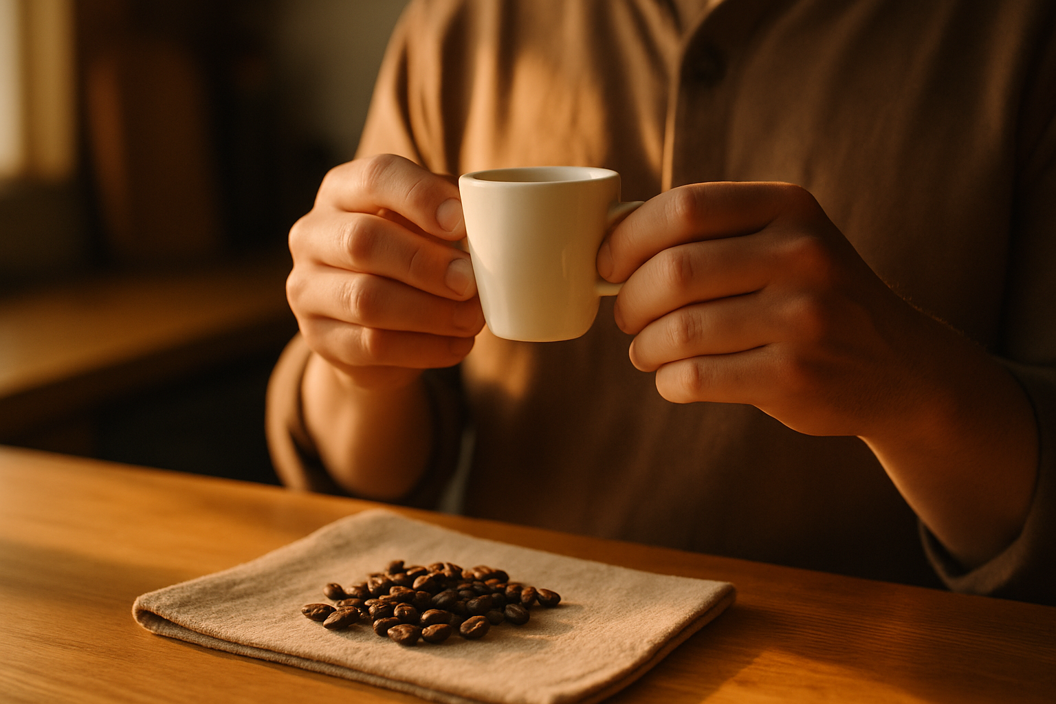 Hands holding a small espresso cup, lifting it toward the face out of frame, warm morning kitchen light