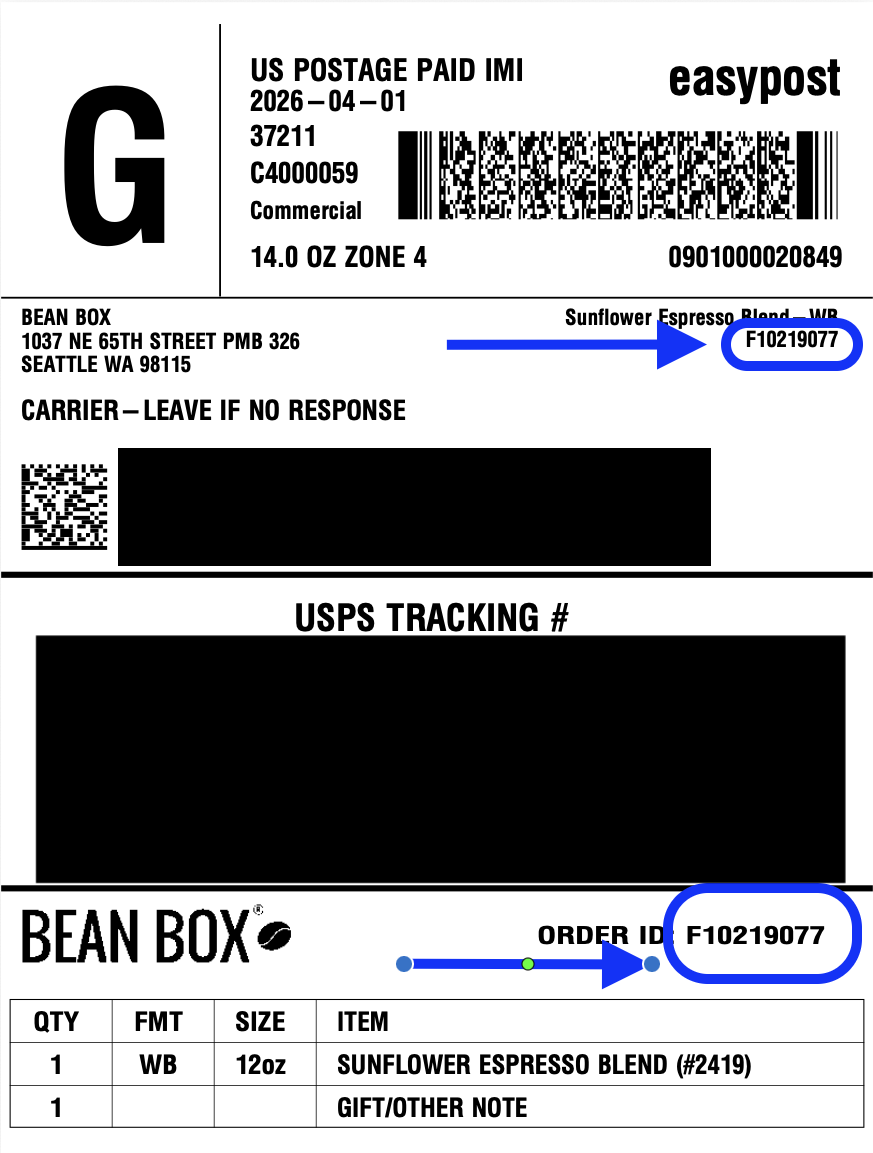 Shipping label showing where to find your Order ID
